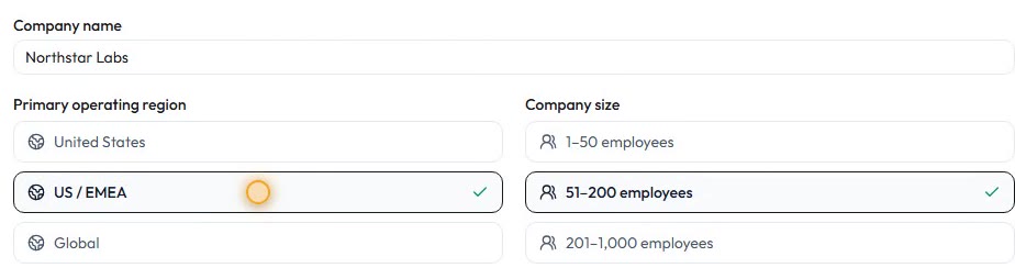 TrustArk onboarding: company name, primary operating region, and company size fields.